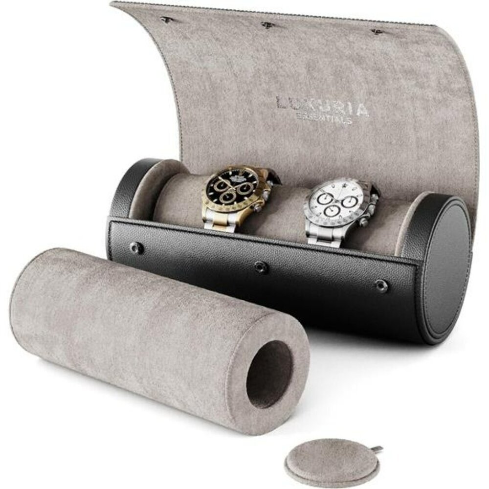 Leather Watch Travel Case for 2 Watches with Hidden Jewelry Storage Pouch
